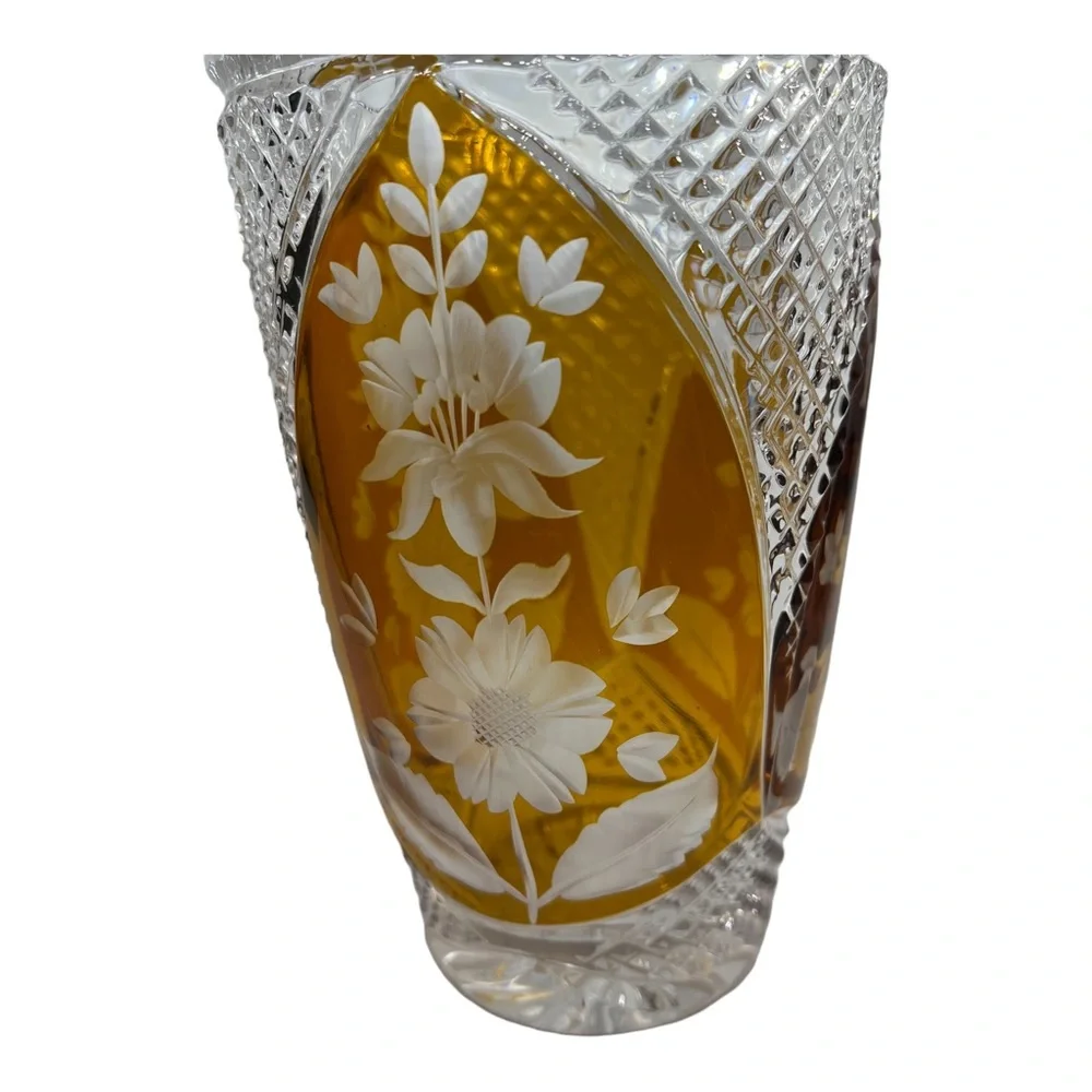 Czech Amber Crystal Three Panel Vase MCM Elegant Glass Vase